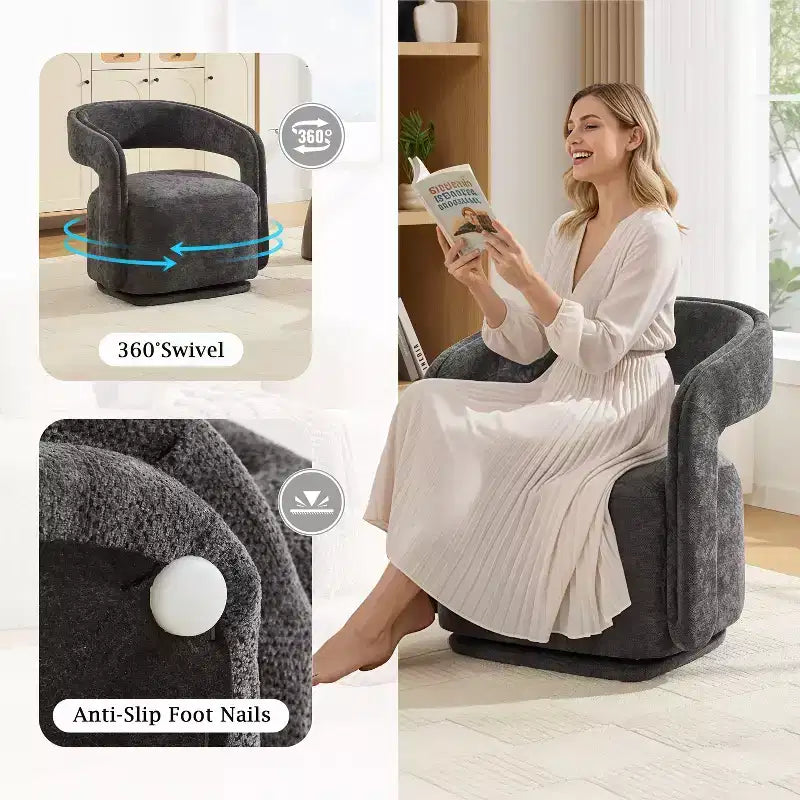 Fauteuil pivotant TUYOHW en tissu chenille, fauteuil de loisirs en forme de tonneau avec dossier incurvé, fauteuil de lecture rembourré pour salon, chambre, bureau