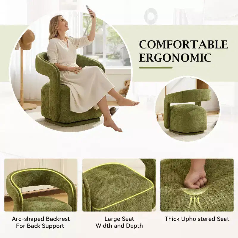 Fauteuil pivotant TUYOHW en tissu chenille, fauteuil de loisirs en forme de tonneau avec dossier incurvé, fauteuil de lecture rembourré pour salon, chambre, bureau