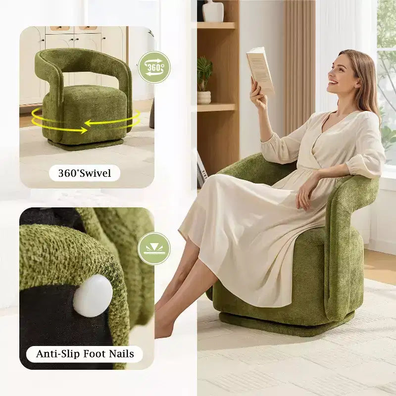 Fauteuil pivotant TUYOHW en tissu chenille, fauteuil de loisirs en forme de tonneau avec dossier incurvé, fauteuil de lecture rembourré pour salon, chambre, bureau