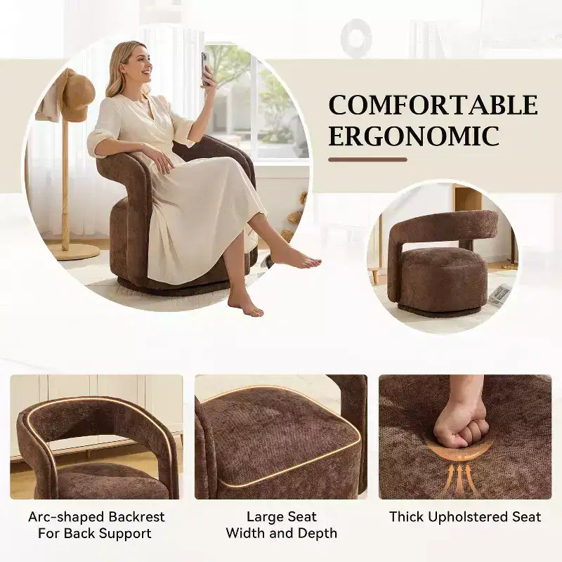 Fauteuil pivotant TUYOHW en tissu chenille, fauteuil de loisirs en forme de tonneau avec dossier incurvé, fauteuil de lecture rembourré pour salon, chambre, bureau