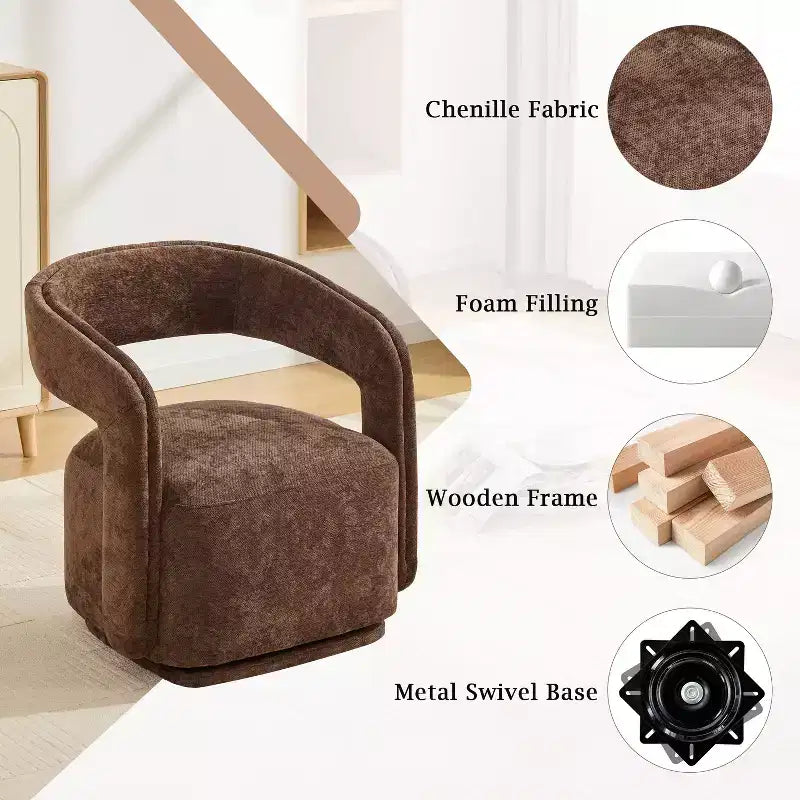 Fauteuil pivotant TUYOHW en tissu chenille, fauteuil de loisirs en forme de tonneau avec dossier incurvé, fauteuil de lecture rembourré pour salon, chambre, bureau