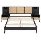 Cadre de lit Queen size avec tête de lit en rotin et lumières intégrées, 2 tables de chevet avec tiroirs, lit plateforme en bois pour chambre à coucher