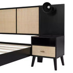 Cadre de lit Queen size avec tête de lit en rotin et lumières intégrées, 2 tables de chevet avec tiroirs, lit plateforme en bois pour chambre à coucher