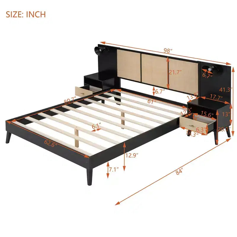 Cadre de lit Queen size avec tête de lit en rotin et lumières intégrées, 2 tables de chevet avec tiroirs, lit plateforme en bois pour chambre à coucher