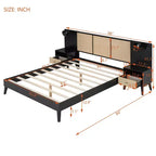 Cadre de lit Queen size avec tête de lit en rotin et lumières intégrées, 2 tables de chevet avec tiroirs, lit plateforme en bois pour chambre à coucher