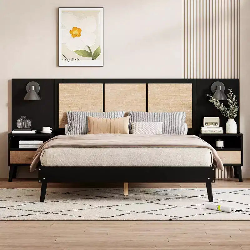 Cadre de lit Queen size avec tête de lit en rotin et lumières intégrées, 2 tables de chevet avec tiroirs, lit plateforme en bois pour chambre à coucher
