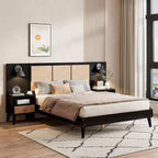 Cadre de lit Queen size avec tête de lit en rotin et lumières intégrées, 2 tables de chevet avec tiroirs, lit plateforme en bois pour chambre à coucher