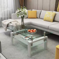 Rectangle Glass Coffee Table, Clear Coffee Table with Double Layer Storage Space, Metal Tube, Mid Century Modern End Table for Living Room