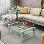 Rectangle Glass Coffee Table, Clear Coffee Table with Double Layer Storage Space, Metal Tube, Mid Century Modern End Table for Living Room