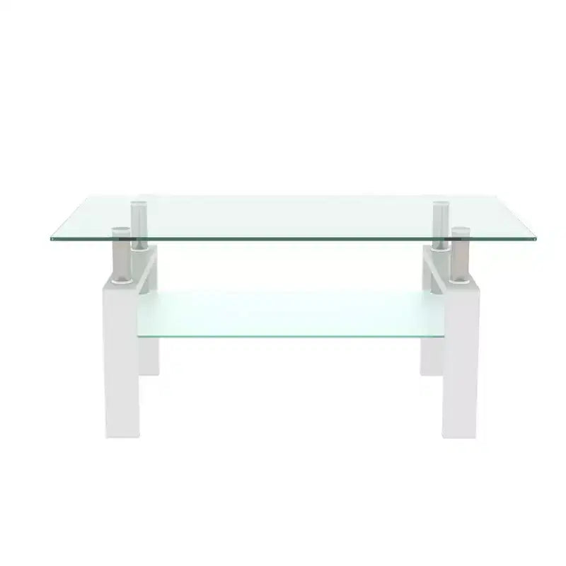 Table basse rectangulaire en verre, table basse transparente avec espace de rangement double couche, tube en métal, table d'appoint moderne du milieu du siècle pour salon