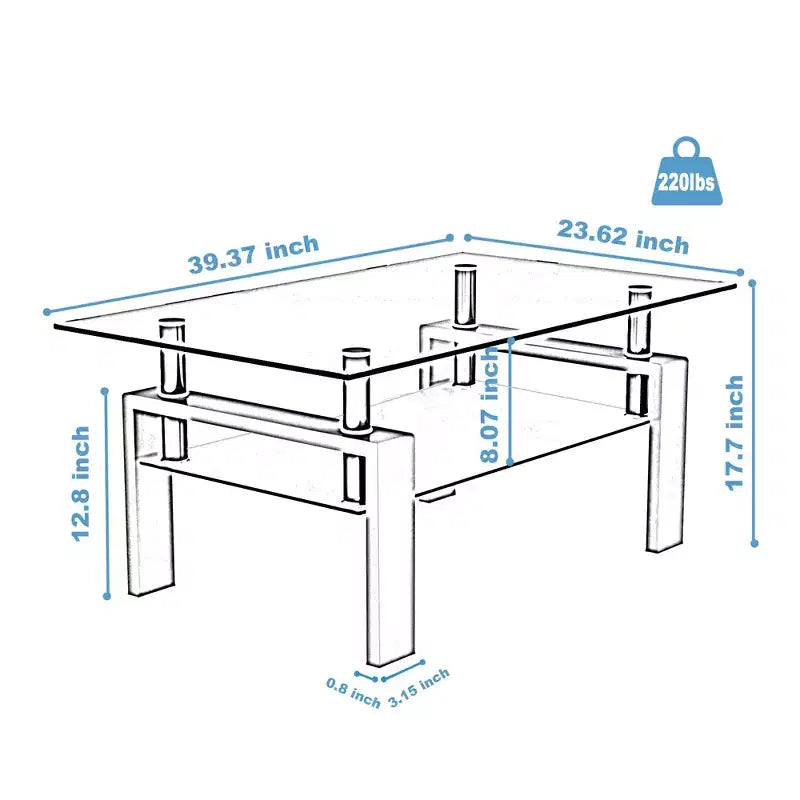 Table basse rectangulaire en verre, table basse transparente avec espace de rangement double couche, tube en métal, table d'appoint moderne du milieu du siècle pour salon