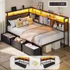 Cadre de lit d'angle jumeau avec tête de lit bibliothèque, lumières LED, station de charge, 3 tiroirs de rangement, lit de repos rembourré, aucun sommier tapissier requis