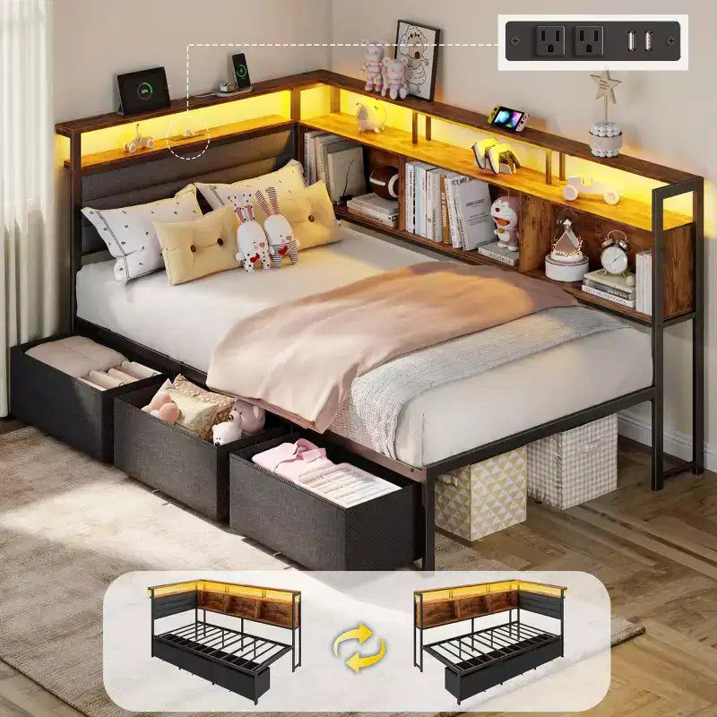 Cadre de lit d'angle jumeau avec tête de lit bibliothèque, lumières LED, station de charge, 3 tiroirs de rangement, lit de repos rembourré, aucun sommier tapissier requis