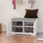 Banc de rangement pour chaussures, banc à chaussures blanc avec 2 portes et coussin d'assise rembourré gris, meuble à chaussures, banc d'entrée avec organisateur de chaussures
