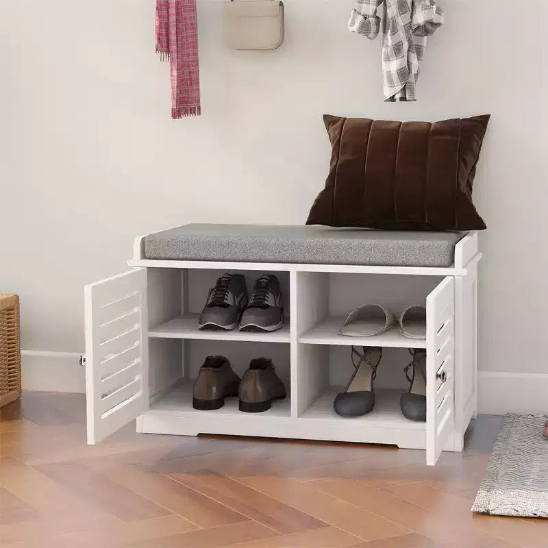 Banc de rangement pour chaussures, banc à chaussures blanc avec 2 portes et coussin d'assise rembourré gris, meuble à chaussures, banc d'entrée avec organisateur de chaussures