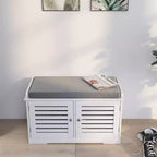 Banc de rangement pour chaussures, banc à chaussures blanc avec 2 portes et coussin d'assise rembourré gris, meuble à chaussures, banc d'entrée avec organisateur de chaussures