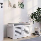 Banc de rangement pour chaussures, banc à chaussures blanc avec 2 portes et coussin d'assise rembourré gris, meuble à chaussures, banc d'entrée avec organisateur de chaussures