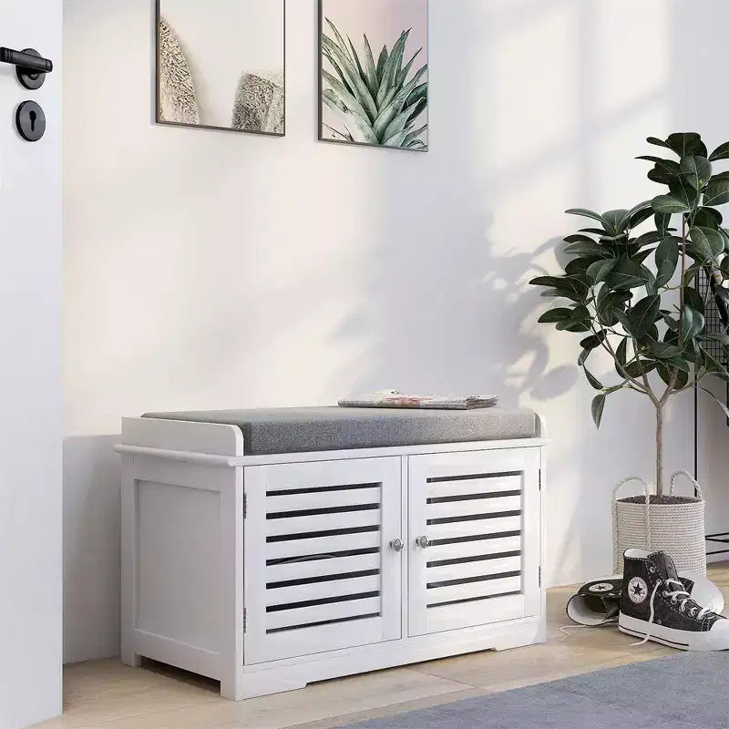 Banc de rangement pour chaussures, banc à chaussures blanc avec 2 portes et coussin d'assise rembourré gris, meuble à chaussures, banc d'entrée avec organisateur de chaussures