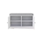 Banc de rangement pour chaussures, banc à chaussures blanc avec 2 portes et coussin d'assise rembourré gris, meuble à chaussures, banc d'entrée avec organisateur de chaussures