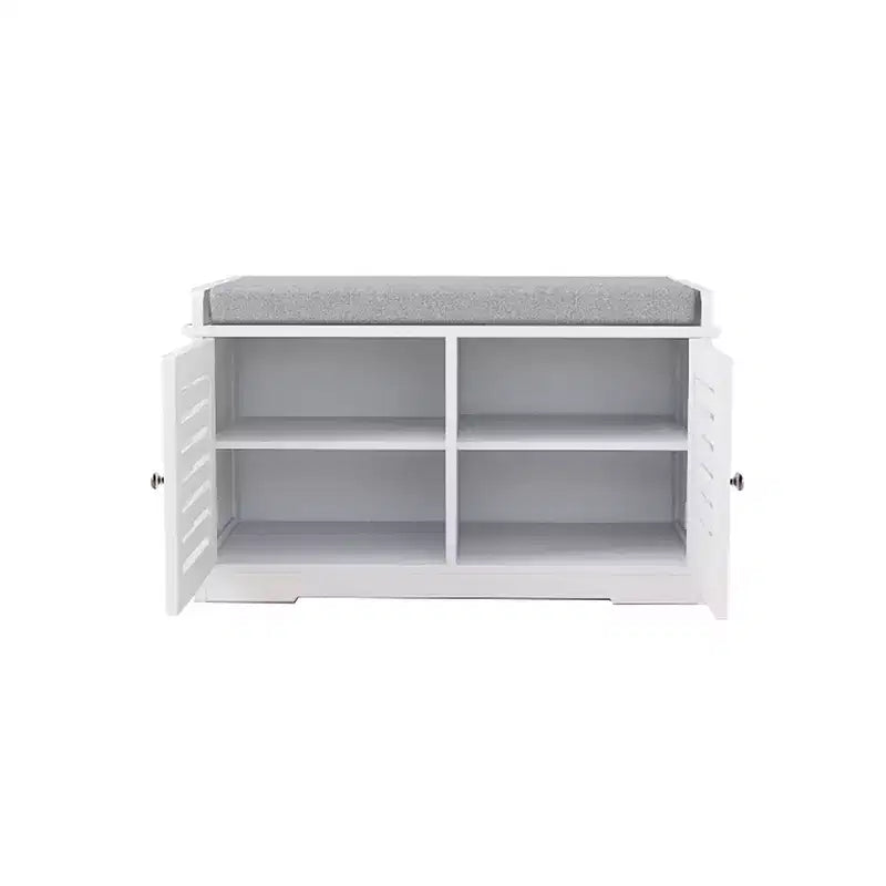 Banc de rangement pour chaussures, banc à chaussures blanc avec 2 portes et coussin d'assise rembourré gris, meuble à chaussures, banc d'entrée avec organisateur de chaussures