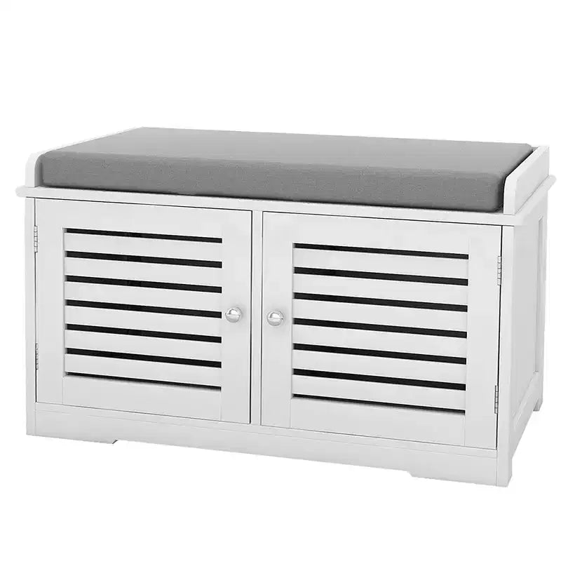 Banc de rangement pour chaussures, banc à chaussures blanc avec 2 portes et coussin d'assise rembourré gris, meuble à chaussures, banc d'entrée avec organisateur de chaussures