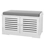 Banc de rangement pour chaussures, banc à chaussures blanc avec 2 portes et coussin d'assise rembourré gris, meuble à chaussures, banc d'entrée avec organisateur de chaussures