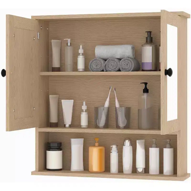 Armoire à pharmacie murale avec miroir et étagère réglable, armoire en chêne étanche pour l'organisation de la salle de bain