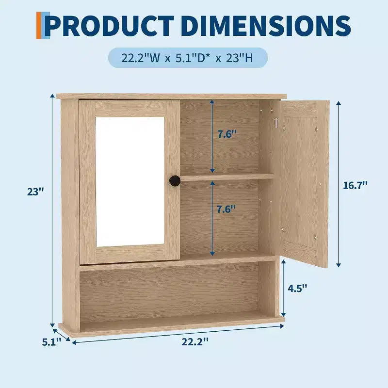 Armoire à pharmacie murale avec miroir et étagère réglable, armoire en chêne étanche pour l'organisation de la salle de bain