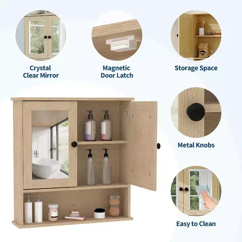 Armoire à pharmacie murale avec miroir et étagère réglable, armoire en chêne étanche pour l'organisation de la salle de bain