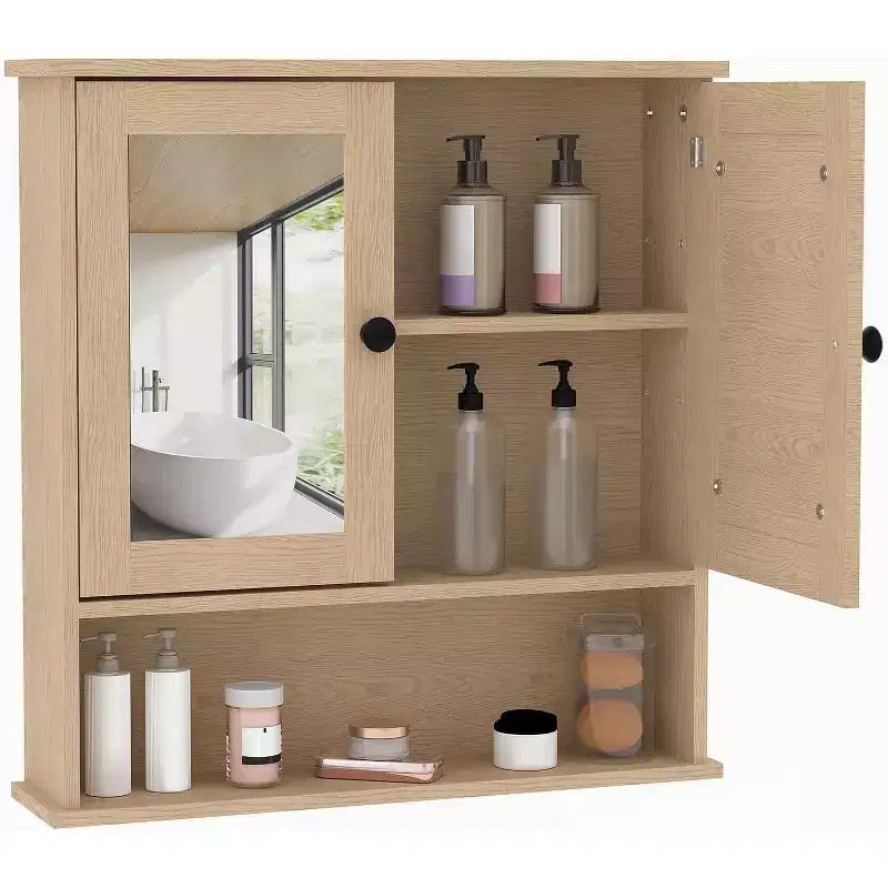 Armoire à pharmacie murale avec miroir et étagère réglable, armoire en chêne étanche pour l'organisation de la salle de bain