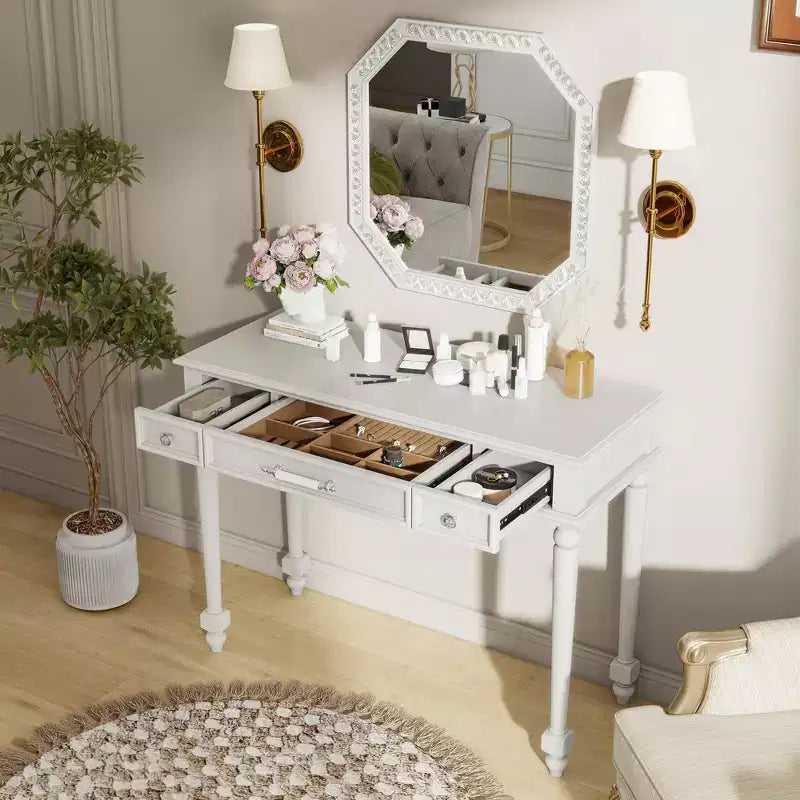Coiffeuse GDFStudio Temani Rétro à 3 tiroirs avec grand miroir octogonal et rangement à bijoux