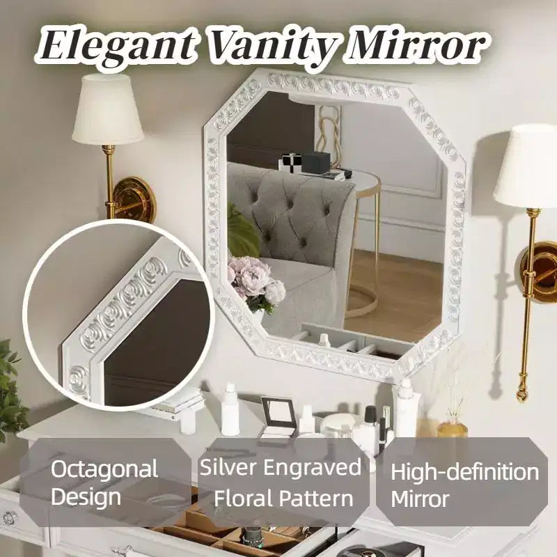 Coiffeuse GDFStudio Temani Rétro à 3 tiroirs avec grand miroir octogonal et rangement à bijoux