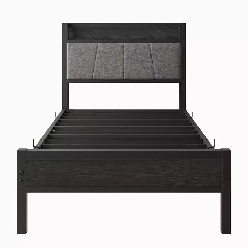 Cadre de lit double MAYEERTY avec tête de lit de rangement et station de recharge, pas besoin de sommier tapissier pour chambre à coucher