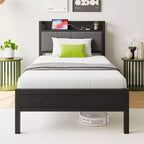 Cadre de lit double MAYEERTY avec tête de lit de rangement et station de recharge, pas besoin de sommier tapissier pour chambre à coucher