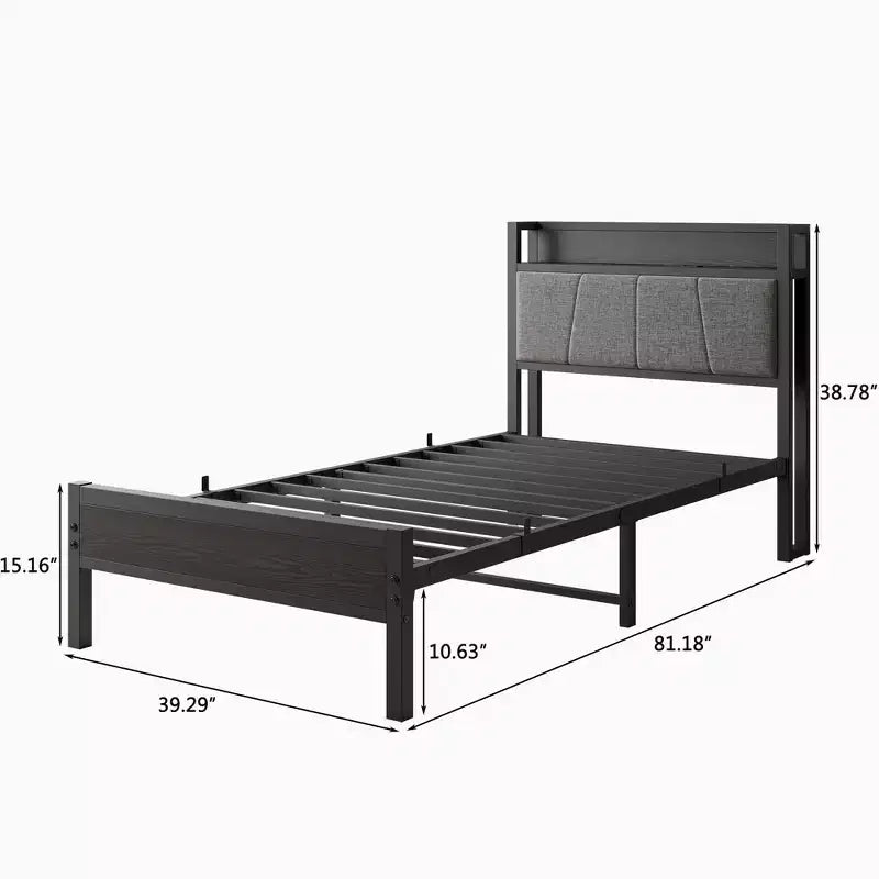 Cadre de lit double MAYEERTY avec tête de lit de rangement et station de recharge, pas besoin de sommier tapissier pour chambre à coucher