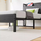 Cadre de lit double MAYEERTY avec tête de lit de rangement et station de recharge, pas besoin de sommier tapissier pour chambre à coucher