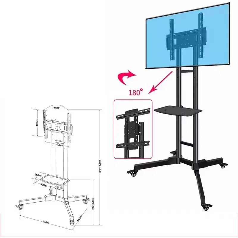 Acekool Chariot TV roulant pour écrans de 32 à 65 pouces, support TV mobile réglable avec roulettes, bureau à domicile, noir