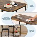 Ensemble de table de cuisine 3 pièces avec étagères de rangement et 2 chaises rembourrées - Table à manger en fer et bois pour petits espaces, appartements, copropriétés