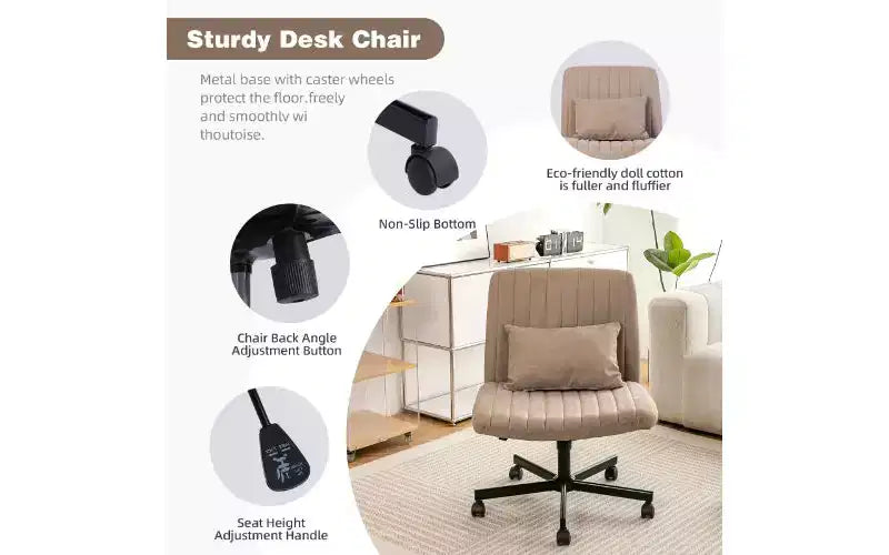 Chaise pivotante moderne en lin TUYOHW, chaise de bureau ergonomique, chaise de bureau à domicile réglable en hauteur, chaise polyvalente sans accoudoirs avec roulettes