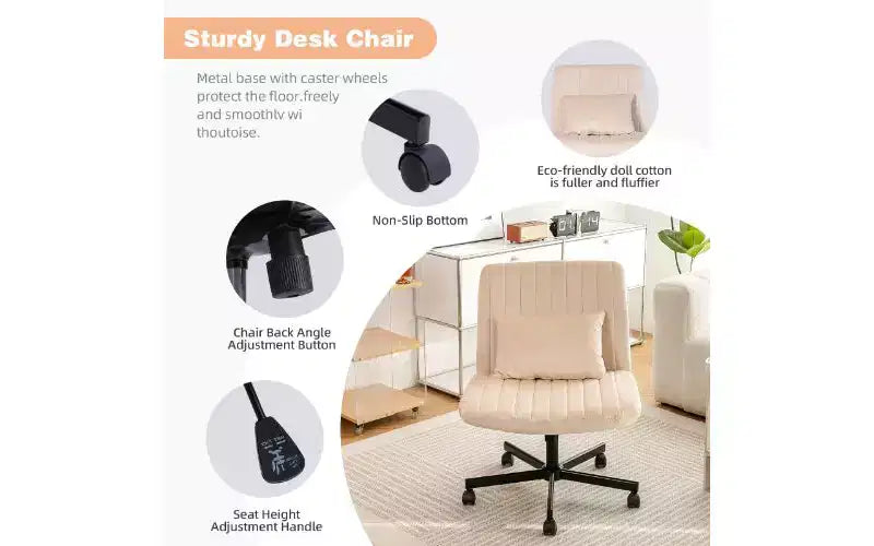 Chaise pivotante moderne en lin TUYOHW, chaise de bureau ergonomique, chaise de bureau à domicile réglable en hauteur, chaise polyvalente sans accoudoirs avec roulettes