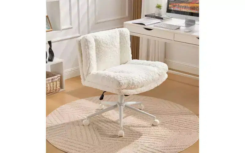 TUYOHW Plush Faux Alpaca Ergonomic Office Chair, 26.4 Wide Seat Home Office Desk Chair, Adjustable Swivel Vanity Chair with Metal Base