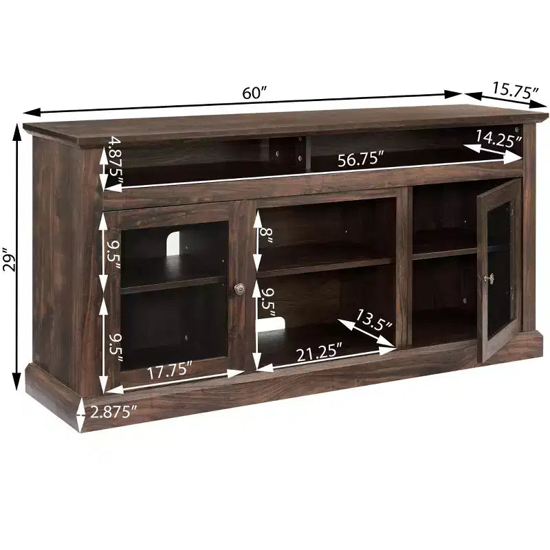 Meuble TV TUYOHW avec porte en verre pour téléviseurs jusqu'à 65 pouces, meuble de divertissement moderne avec armoires et étagères ouvertes