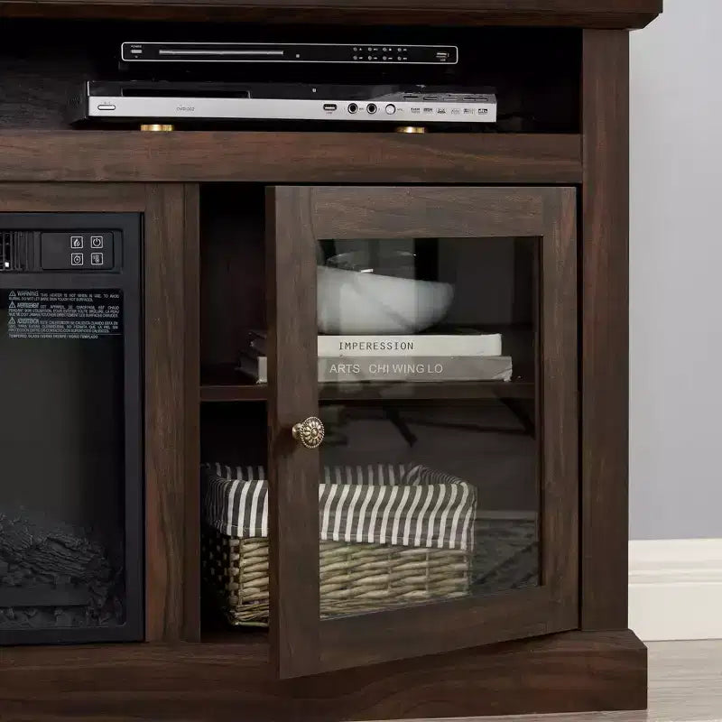 Meuble TV TUYOHW avec porte en verre pour téléviseurs jusqu'à 65 pouces, meuble de divertissement moderne avec armoires et étagères ouvertes