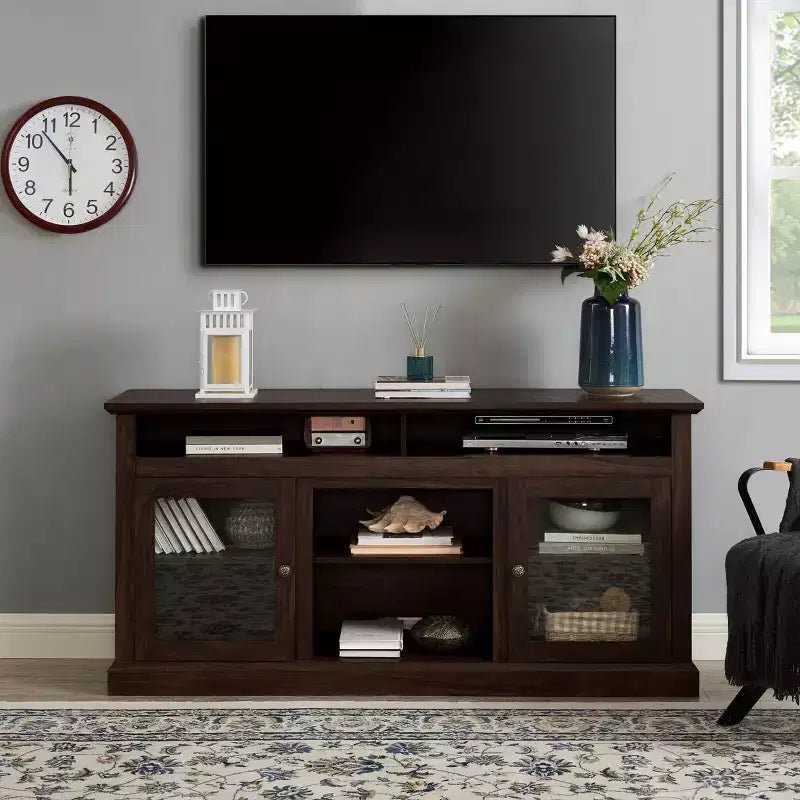 Meuble TV TUYOHW avec porte en verre pour téléviseurs jusqu'à 65 pouces, meuble de divertissement moderne avec armoires et étagères ouvertes