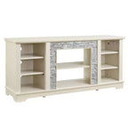 Meuble TV TUYOHW pour téléviseurs jusqu'à 65 pouces, console multimédia de style ferme avec contours en fausse pierre empilée et étagères ouvertes