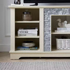 Meuble TV TUYOHW pour téléviseurs jusqu'à 65 pouces, console multimédia de style ferme avec contours en fausse pierre empilée et étagères ouvertes