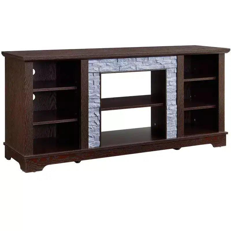Meuble TV TUYOHW pour téléviseurs jusqu'à 65 pouces, console multimédia de style ferme avec contours en fausse pierre empilée et étagères ouvertes