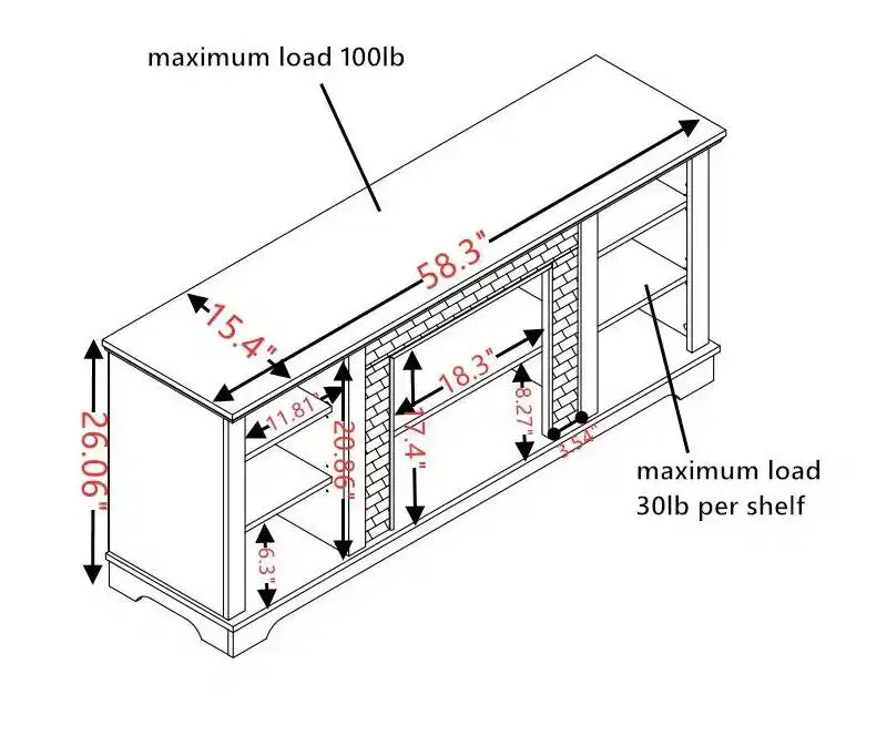Meuble TV TUYOHW pour téléviseurs jusqu'à 65 pouces, console multimédia de style ferme avec contours en fausse pierre empilée et étagères ouvertes