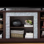 Meuble TV TUYOHW pour téléviseurs jusqu'à 65 pouces, console multimédia de style ferme avec contours en fausse pierre empilée et étagères ouvertes