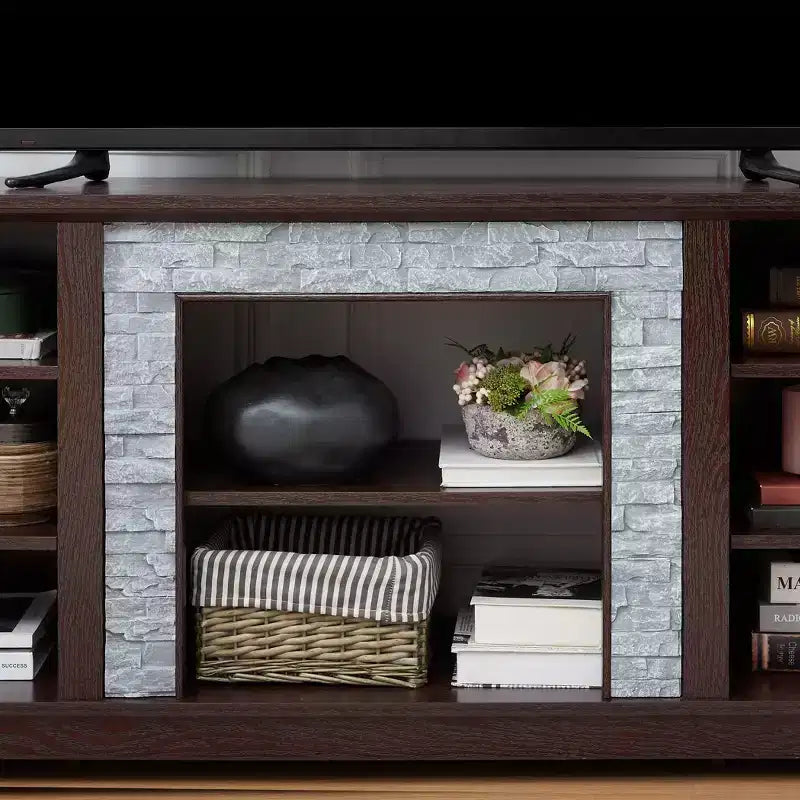 Meuble TV TUYOHW pour téléviseurs jusqu'à 65 pouces, console multimédia de style ferme avec contours en fausse pierre empilée et étagères ouvertes